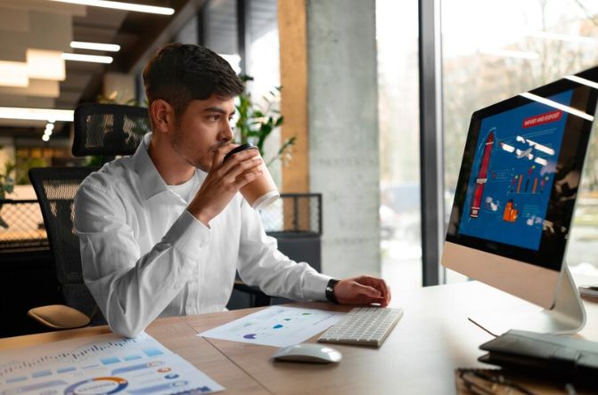 homem empreendedor trabalhando na frente do computador, vendo suas vendas trade marketing para b2b aumentarem através da plataforma digital da Mobbiz.